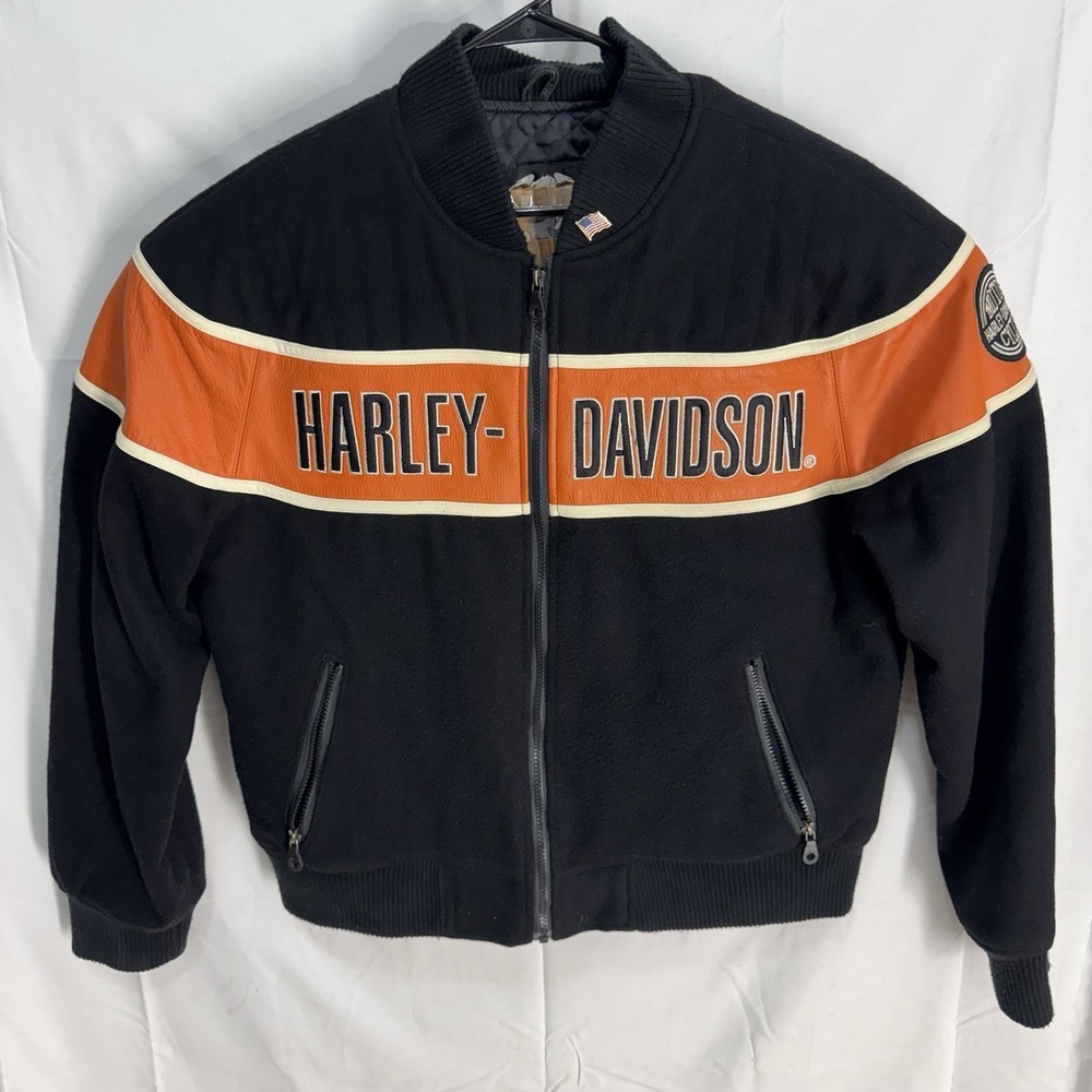 Harley Davidson Men's Large Wool Leather Jacket Black‎ Orange Jacket USA Vintage